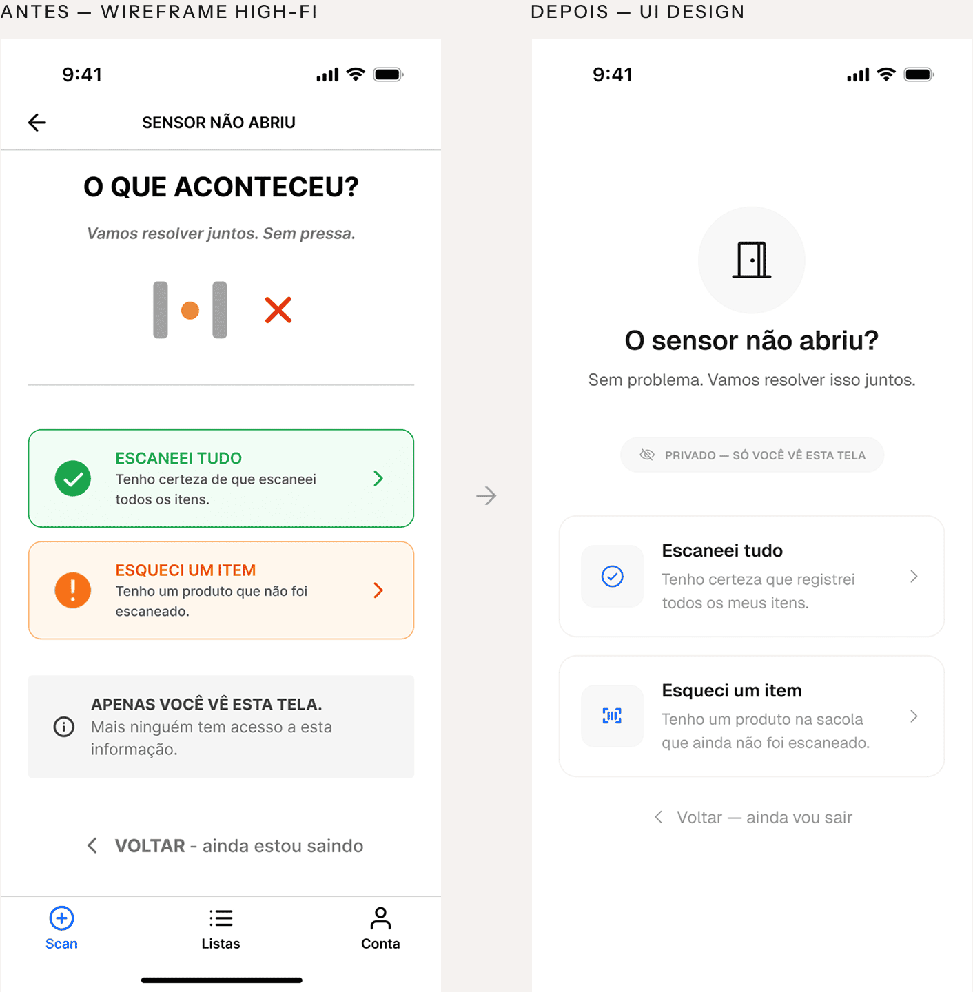 Antes: wireframe high-fi da tela de erro do sensor de saída. Depois: tela final de recuperação na saída, com duas opções de largura total para se autodeclarar