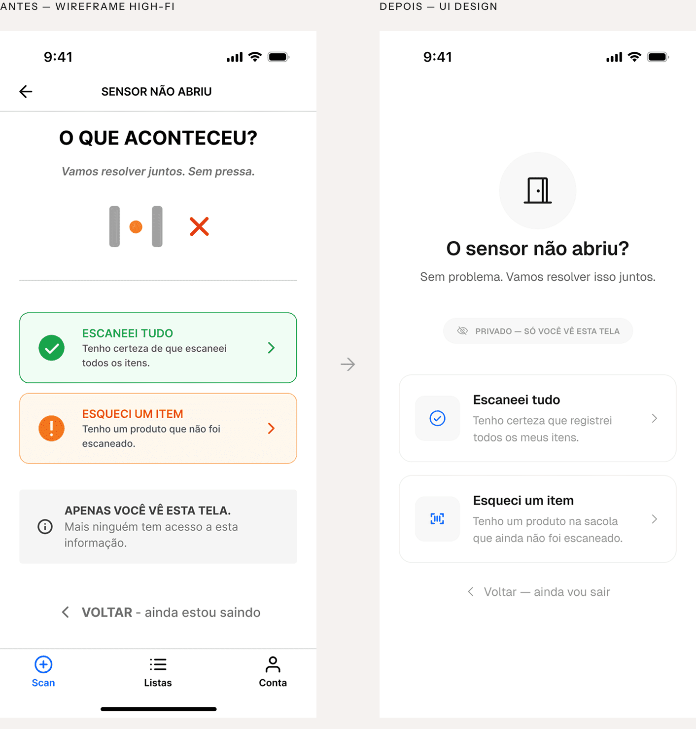 Antes: wireframe high-fi da tela de erro do sensor de saída. Depois: tela final de recuperação na saída, com duas opções de largura total para se autodeclarar
