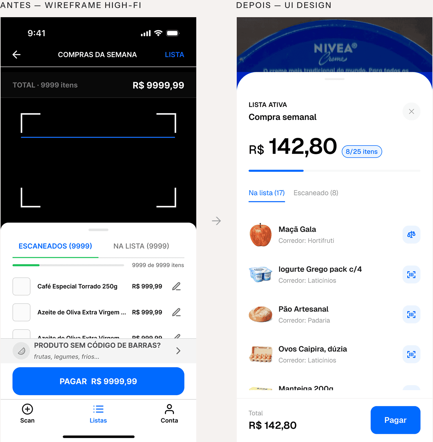 Antes: wireframe high-fi da lista de compras da semana com abas de escaneados e na lista. Depois: UI final do escaneamento com a lista visível e câmera ativa sobre foto real de produto